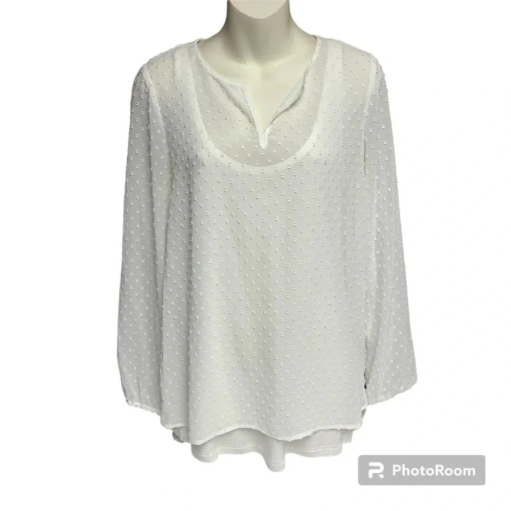Ruff Hewn Grey. Cream sheer Swiss dot long sleeve blouse with cami size small